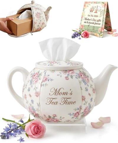 Luxe Tissue Box Theepot Vorm - Decoratieve Tissueboxhoes met Bloemenprint - Tissuehouder - Tissuedoos - Landelijke Stijl - Uniek Cadeau voor Moederdag & Verjaardag - Voor Kaptafel en Nachtkastje - Wit