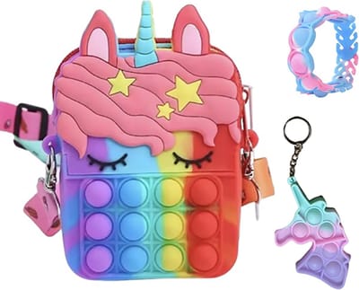 Speelgoed 3 jaar - Fidget Toys - 3-Pack - Fidget speelgoed - Unicorn - Fidget Toys pakket - Tasje 13 x 8 x 4 cm - Eenhoorn - Eenhoorn tasje - Unicorn tasje - armbandje - sleutelhanger - multi