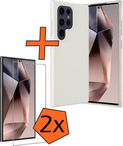 Hoes - Met 2x Screenprotector - Geschikt voor Samsung Galaxy S24 Ultra - Sterk & Shockproof - Back Cover - Siliconen Case - Telefoon Hoes - Wit