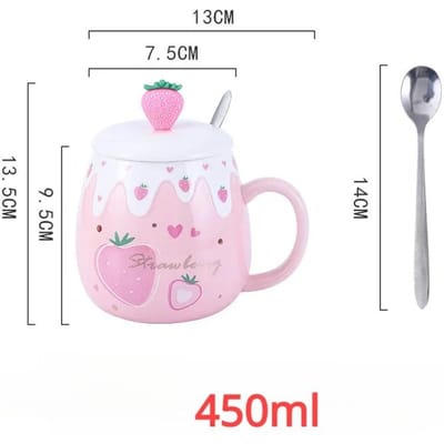 1 stuks 450 ml Schattige Aardbei Keramische Beker met Deksel Lepel Waterbeker Koffiemok Creatief Cadeau Makkelijk Schoon te Maken Zomer Winter Drinkware 450ML white