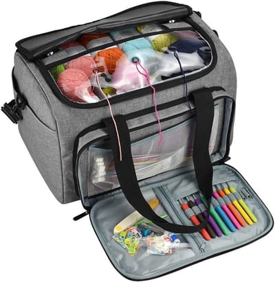 Gehaakte Tas, Breiwol Tas, Creatieve Tas voor Haaknaalden en Borduurset, Wol Organizer voor Beginners en Professionals, Oxford Stof, Grijs