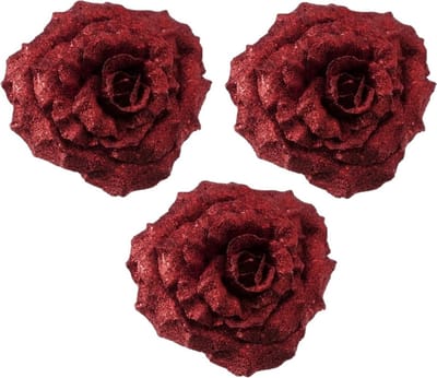 4x Kerstboomversiering bloemen op clip rode glitter roos 18 cm - kerstboom decoratie - rode kerstversieringen