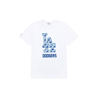 T-shirt unisexe MLB Los Angeles Dodgers à col rond et manches courtes, imprimé motif lettres décontracté, style vintage américain, blanc cassé 3ATSM0333-07WHS L gray