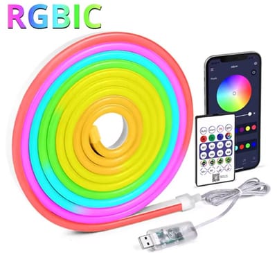 RGBIC Neon LED Strip 5V USB- 3 Meter – Bluetooth App & Afstandsbediening – Muziek Sync – Waterdicht – Flexibele LED Lichtstrip voor Gaming, Kamer & Feest