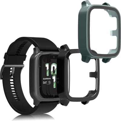 kwmobile 2x cover geschikt voor Garmin Venu Sq 2 Music / Sq 2 - Fitnesstracker cover van gehard glas en kunststof frame set zwart / groen