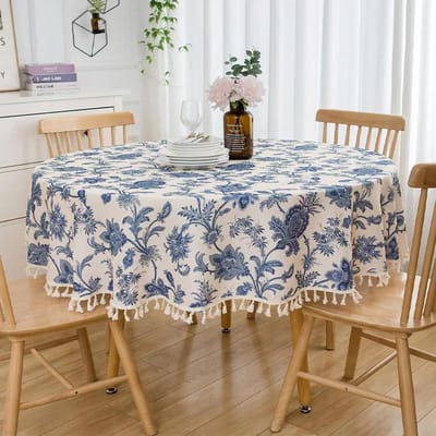 Plantenprint Rond Tafelkleed Kwastjesrand Bloemenafbeelding Bureaukleed Hotel Restaurant Pastorale Decoratieve Tafelkleed round 90cm 1pcs