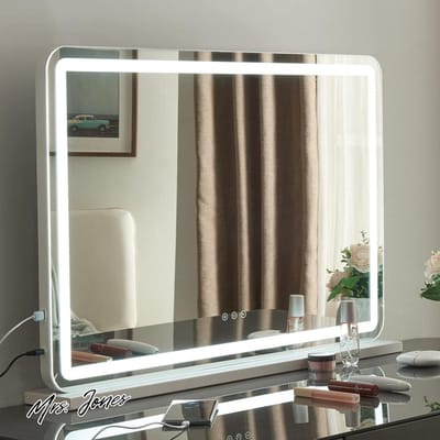 Mrs. Jones Make-upspiegel met Verlichting 3 Lichtkleuren Hollywood Spiegel Helderheidsaanpassing via Touch Tafelspiegel met 10x Vergrootglas & USB - Grote 80x55cm - Professionele make-upspiegel .