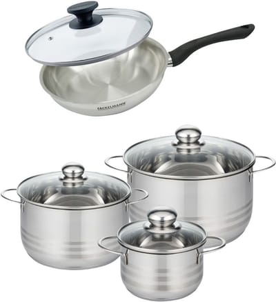 Set van 1 pan 24 cm roestvrij staal en deksel, 3 roestvrijstalen kookpotten 16, 20 en 24 cm Fackelmann Geneva