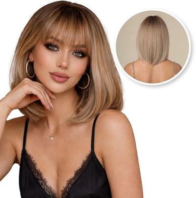 SassyGoods Bruine Pruik Bruin - Pruiken Dames Half Lang Haar Steil - Wig - Haarwerk - Wasbaar - Donker Blond - 30 cm