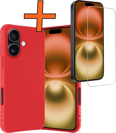 Hoes - Met Screenprotector - Geschikt voor Apple iPhone 16 - Sterk & Shockproof - Back Cover - Siliconen Case - Telefoon Hoes - Rood