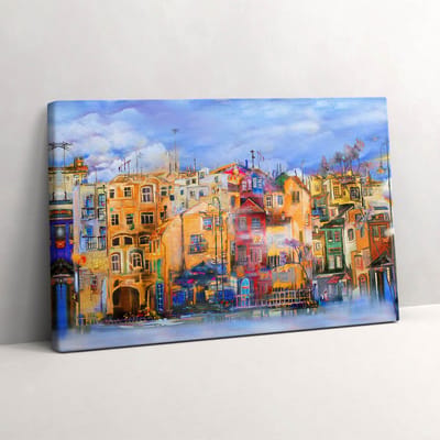 Wallfluent Foto Op Canvas Olieverfschilderij van stadsarchitectuur - 30 x 20 cm - Veelkleurig Schilderij Op Canvas - Steden Foto Op Doek - Imitatie van een olieverfschilderij Schilderij Doek - Steden Schilderij Canvas