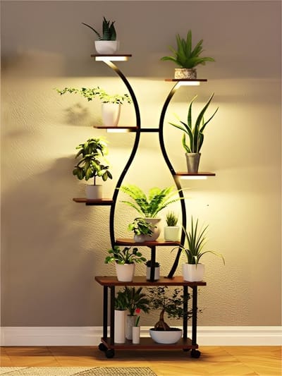 Plantenstandaard met volledig spectrum plantenlicht - 8 niveaus bloemenrek 155 cm van metaal en hout - decoratieve bloementrap voor binnen en buiten, balkon en tuin (met wieltjes)