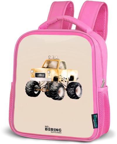 NoBoringSuitcases.com® - Rugzak roze - Schooltas meisjes - Gele monstertruck op een beige achtergrond - Kinder rugtas meisje - Boekentas kind - Kinderrugzak voor school - Schoolrugzak