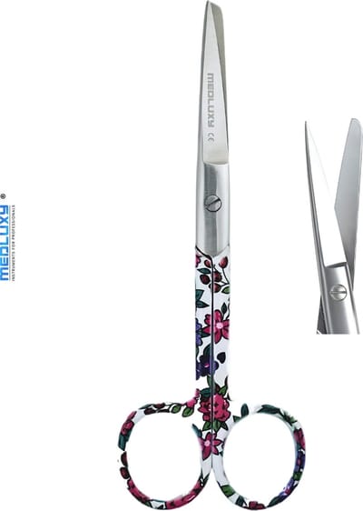 Medluxy - Verbandschaar Verpleegkundige schaar - Scherpe en Stompe punt (scherp/stomp) - Hoge Kwaliteit RVS - 13 cm - Bloem print - Schaar voor Pedicure, Verpleegkundigen en Artsen - Medische Schaar, EHBO, Verpleegkunde - Chirurgische Schaar