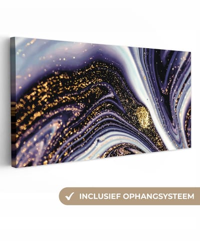 Canvas schilderij 40x20 cm - Wanddecoratie Marmer - Paars - Luxe - Marmerlook - Glitter - Muurdecoratie woonkamer - Slaapkamer decoratie - Kamer accessoires - Schilderijen op canvas