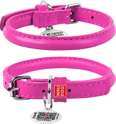 WAUDOG Glamour Rolled Halsband - Rond leder - Gratis QR-tag - Roze - XS - Diameter: 6 mm - Nekomtrek: 17 - 20 cm (GELIEVE VOORAF BESTELLEN OPMETEN)