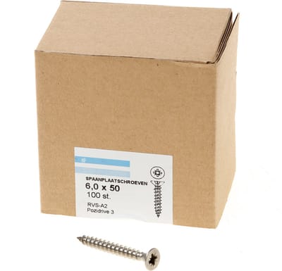 Hoenderdaal Spaanplaatschroef RVS platverzonken kop PZ3 voldraad 6.0X50 (per 100 stuks)