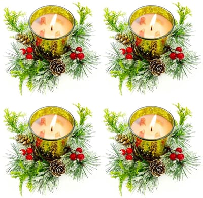 Dailygoods - Yuragim Theelichthouder Kerstmis windlicht glas kaarsenhouder set van 4 theelichtglazen theelichtglas kaarsenglazen votiefkaarsenhouder met rode bessen dennenappels voor advent Kerstmis tafeldecoratie