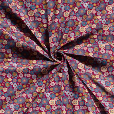 Poplin Katoen Stof Bedrukt - Mille Fleur Bloemen Wijnrood - 1 Meter