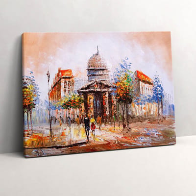 Wallfluent Foto Op Canvas Schilderen - artistieke chaos, kleurrijke stad - 80 x 60 cm - Oranje Schilderij Canvas - Gebouwen Canvas Doek Foto - Imitatie van een olieverfschilderij Schilderij Doek - Gebouwen Schilderijen Op Canvas Doek