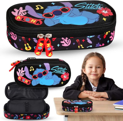 DISNEY Stitch ALOHA Zwarte etui COMPARTIMENTEN voor schoolpotloden, etui voor meisjes 5x20x9cm