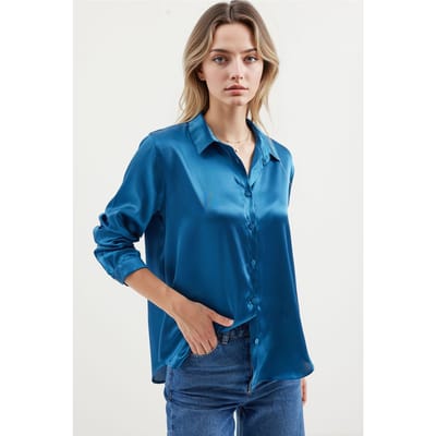 Satin Lange Mouw Knop-Up Shirt