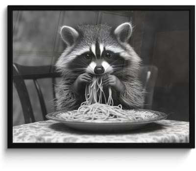 Poster in lijst - Fotolijst 70x50 cm - Posters - Wasbeer - Cute - Pasta - Tafelkleed - Zwart - Wit - Posterlijst zwart - Decoratie - Wanddecoratie woonkamer - Muurdecoratie slaapkamer