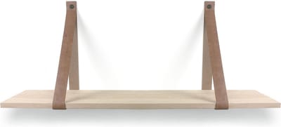 Eiken wandplank 18 mm recht 100 x 20 cm met leren riemen cognac - Eikenhouten wandplank - Eiken wandplank - Leren plankdragers - Fotoplank