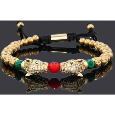 Breloques Tête de Léopard de Luxe Bracelet Homme Perles Acier Inoxydable Bracelets Femme Bijoux Cadeau Couple Amoureux black