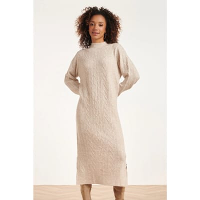 Smashed Lemon 24631 beige e gebreide midi jurk met kabelstructuur |
