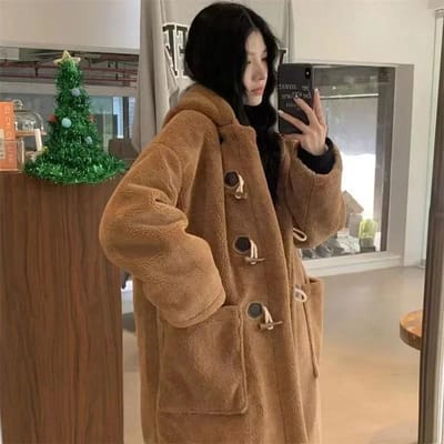 Lamswollen jassen Dames Fleece Hoodies Jas Koehoornknop Losse jas Winter Warm Dames Halflange Koreaanse dikke overjas XL