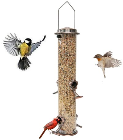 GELLDG Vogelvoedersilo voor Kleine Vogels - Hangend Vogelvoederhuisje - Vogelvoer Silo - Wildlife Voedersilo voor Tuinvogels - 4 Openingen - Vogelvoederhuisje van metaal in buisvorm voor buiten - hangend vogelvoederhuisje