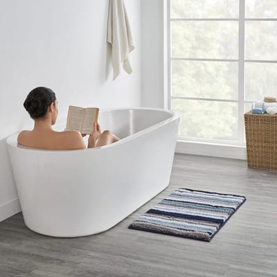 Antislip, ultrazachte badmat van microvezel, set van 2|Rechthoekige en U-vormige contour|Blauwe strepen|Superabsorberende toiletmat met TPR-latex achterkant voor douches