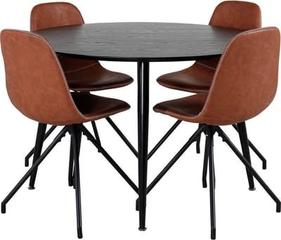 DippØ115BLBL eethoek eetkamertafel zwart en 4 Polar eetkamerstal PU kunstleer bruin.