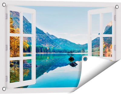 Gards Tuinposter Doorkijk Meer met Herfstbomen - 60x40 cm - Tuindoek - Tuindecoratie - Wanddecoratie buiten - Tuinschilderij