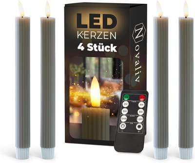 LED-kaarsen met timer TAUPE GRIJS 4 stuks binnen 6 uur - ECHTE WAS geribbeld 23 cm hoogte voor kaarsen 2,2 cm diameter 2 AAA-batterijen vereist LED-kaarsen flikkerende vlam bewegende vlam