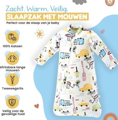 Bidiboo baby slaapzak winter herfst met afritsbare mouwen - autoprint – 2,5 TOG – 100% katoen – 85 cm – tweewegrits