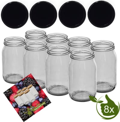 Glazenpotten 900 ml met twist-off deksel (zwart) 8 stuks