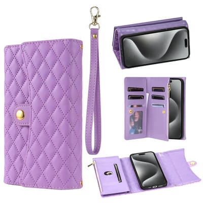 Paarse Luxe Wallet Case Geschikt voor Apple iPhone 16 Pro Max | PU Leren Flipcover met Kaartvakken, Magneetsluiting & Tasje met Polsband en Schouderkoord