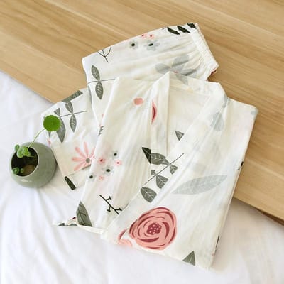 Pak Pyjama Lente en Zomer Dames Katoen Driekwart Mouwen Grote Bloemen Huiskleding Dun Los XL beige