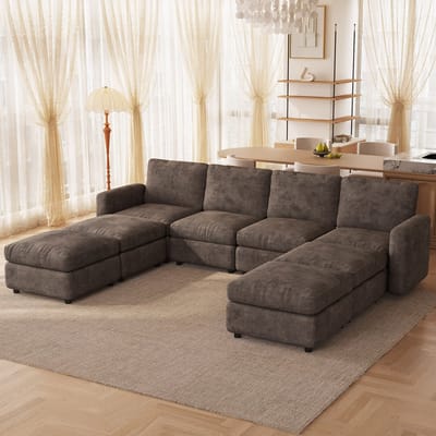 Guyii bank – Modulaire Hoekbank met Opbergruimte – Koffiekleurig Fluweel – Comfortabele 8-Zits bank met Voetensteun – Totale breedte sofa 297 cm