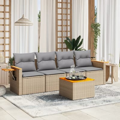 vidaXL - 5-delige - Loungeset - met - kussens - poly - rattan - beige