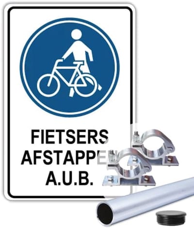 Bord Fietsers afstappen - Weerbestendig Aluminium - 30x45 cm - Bevestiging: Met paal 150 cm + paalbeugels + paaldop