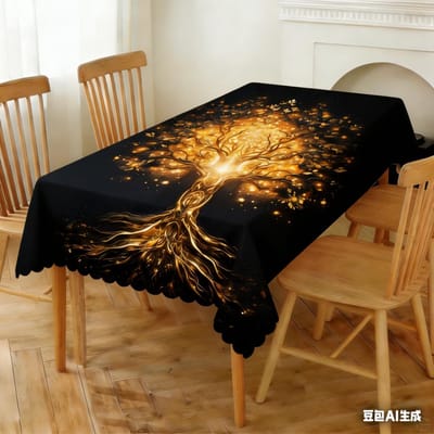 Luxe Spirituele Genezing Waterdichte Tafelkleed Gebrandschilderd Glas Levensboom Hemels Landschap Tafelhoes Voor Elegante Huisdecoratie 100x140cm