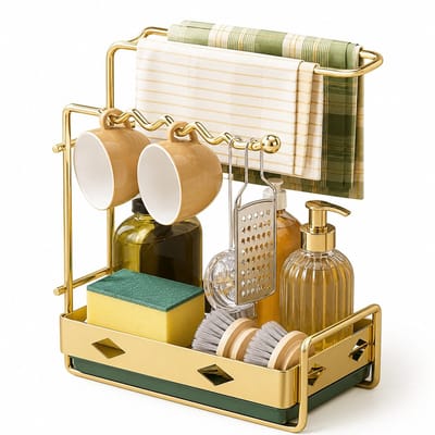 Arvion Keukenspoelbakorganizer met Theedoekhouder - Sink Caddy Tidy Rack - Opbergrek voor Spons, Borstel en Doeken - Goud