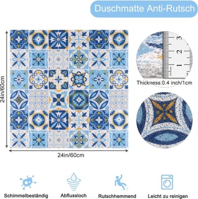 Douchemat, antislip, 60 x 60 cm, vierkante massage-douchemat, badmat, douchemat met anti-slip veiligheid, doorlaatbare badmat voor badkuip en natte ruimtes
