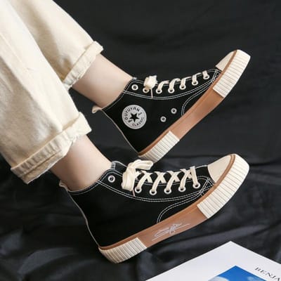 Chaussures en toile montantes pour femmes, version coréenne d'automne, chaussures en caoutchouc vulcanisées secondaires, chaussures pour étudiantes, chaussures de tir de rue Ins, chaussures de marée rouge 39 noir