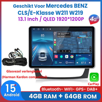 Awesafe 13.1 Inch 8-Core 4+64GB Autoradio - Geschikt Voor Mercedes BENZ CLS/E-Klasse W211 W219 - Draadloze Carplay Android Auto - Touchscreen - GPS Navigatie 4G WiFi - Radio Scherm - Ondersteuning voor Harman Carton-systeem - Bevat Verlengingskabels