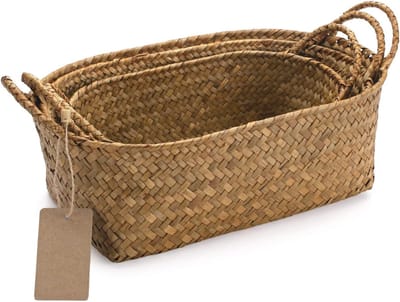 Famanu – Opbergmand met Handvat Stapelbaar Natuurlijk Geweven Organisatie Plank Manden Ovaal Set van 3 (Groot + Medium + Klein)