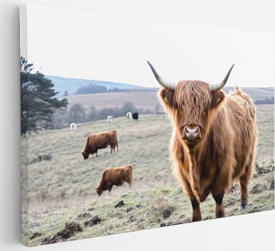 Saammp Canvas Schilderij Schotse Hooglander Koe in het bevroren gras - Dieren - Natuur - 30x20 - Foto op canvas - Wanddecoratie - muurdecoratie Woonkamer - Slaapkamer decoratie - Canvas Print